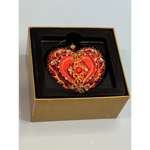 Dillards Handcrafted Glass Heart Ornament Red Jeweled 3" x 3 1/4" Boxed - Picture 2 of 6